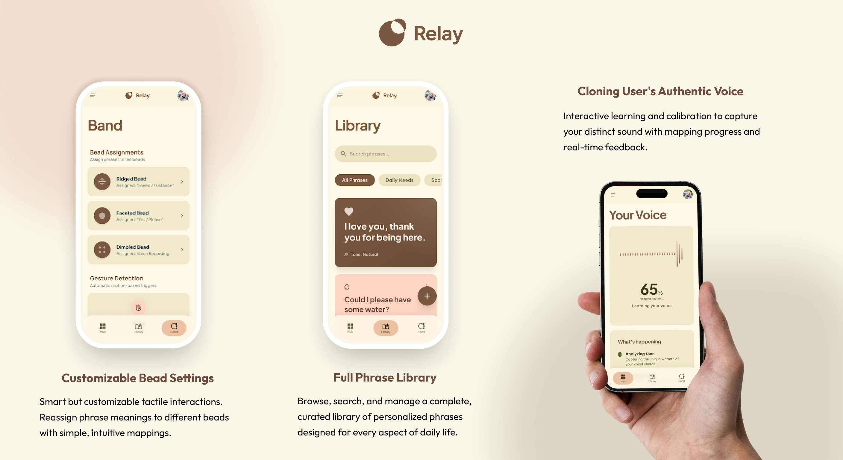 The Relay companion app on a phone, showing phrase categories and a voice-setup screen.