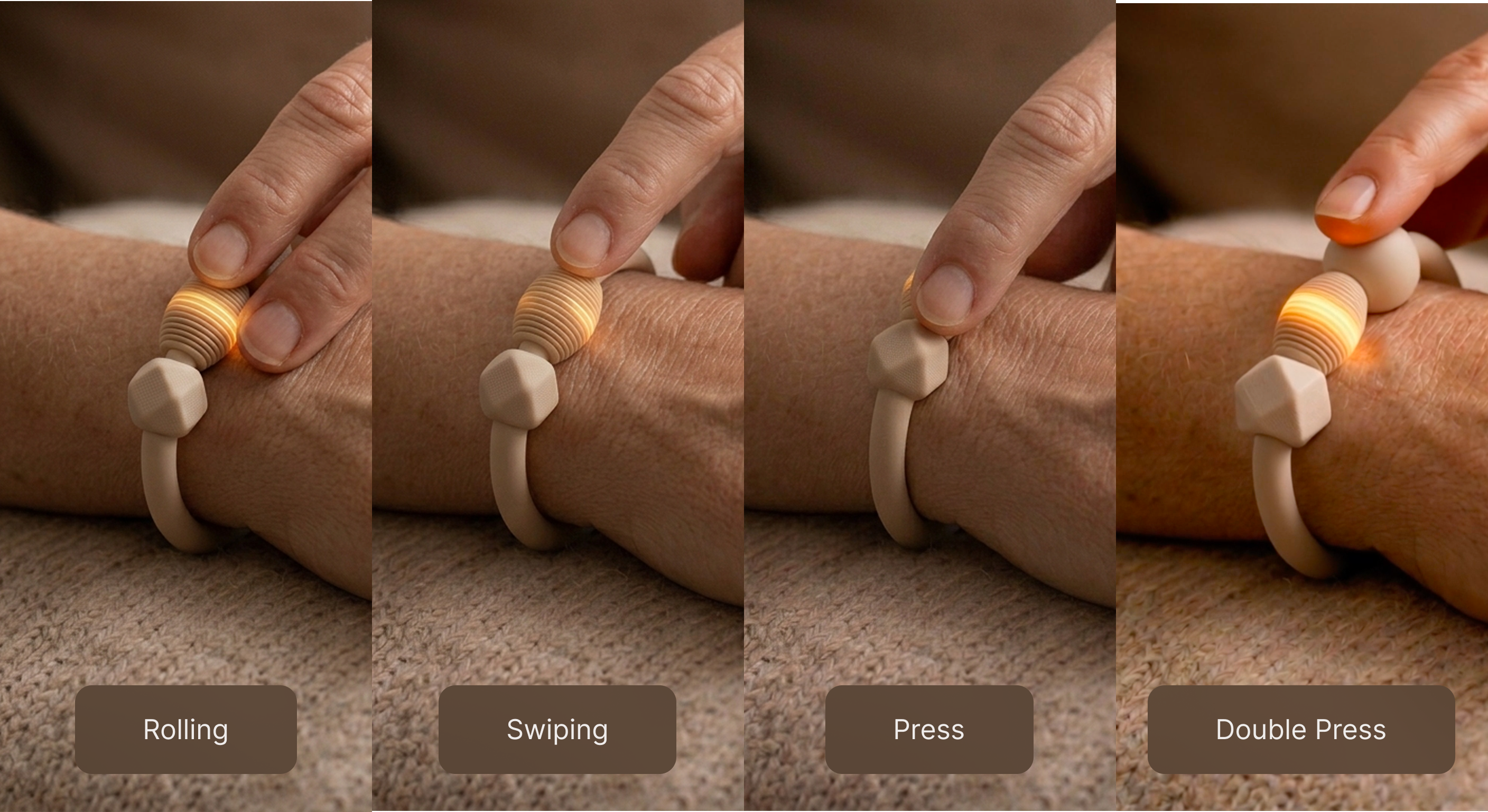 Diagram of bracelet feedback: haptic buzz and light-ring confirmation.